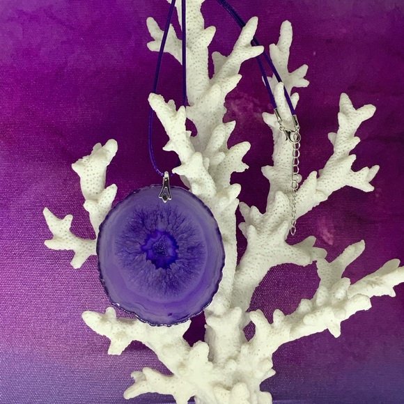 Handcrafted Purple Onyx Druzy Geode Agate Slice Necklace on Waxed Cotton Cord - Picture 2 of 14